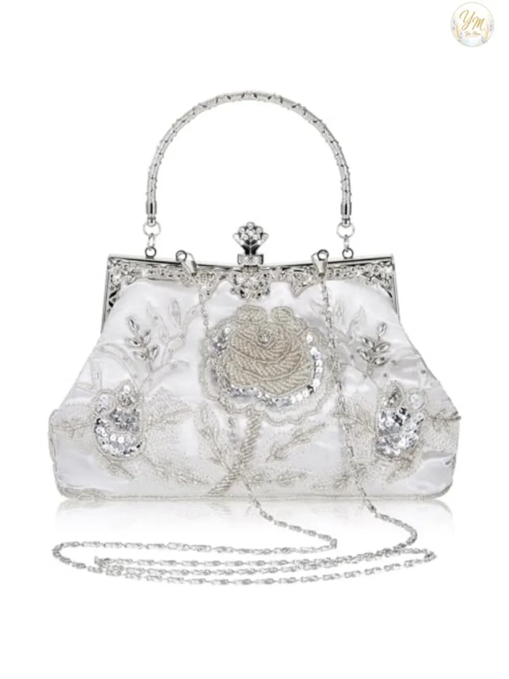 Embroidered Beaded Clutch Evening Bag with Chain
